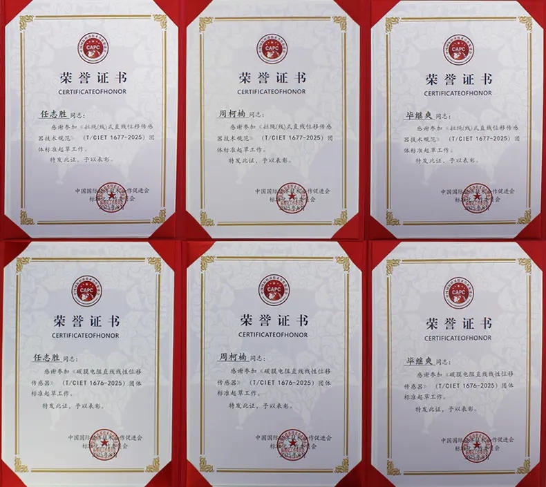 直線（拉繩）位移傳感器標(biāo)準(zhǔn)起草榮譽(yù)證書(shū)